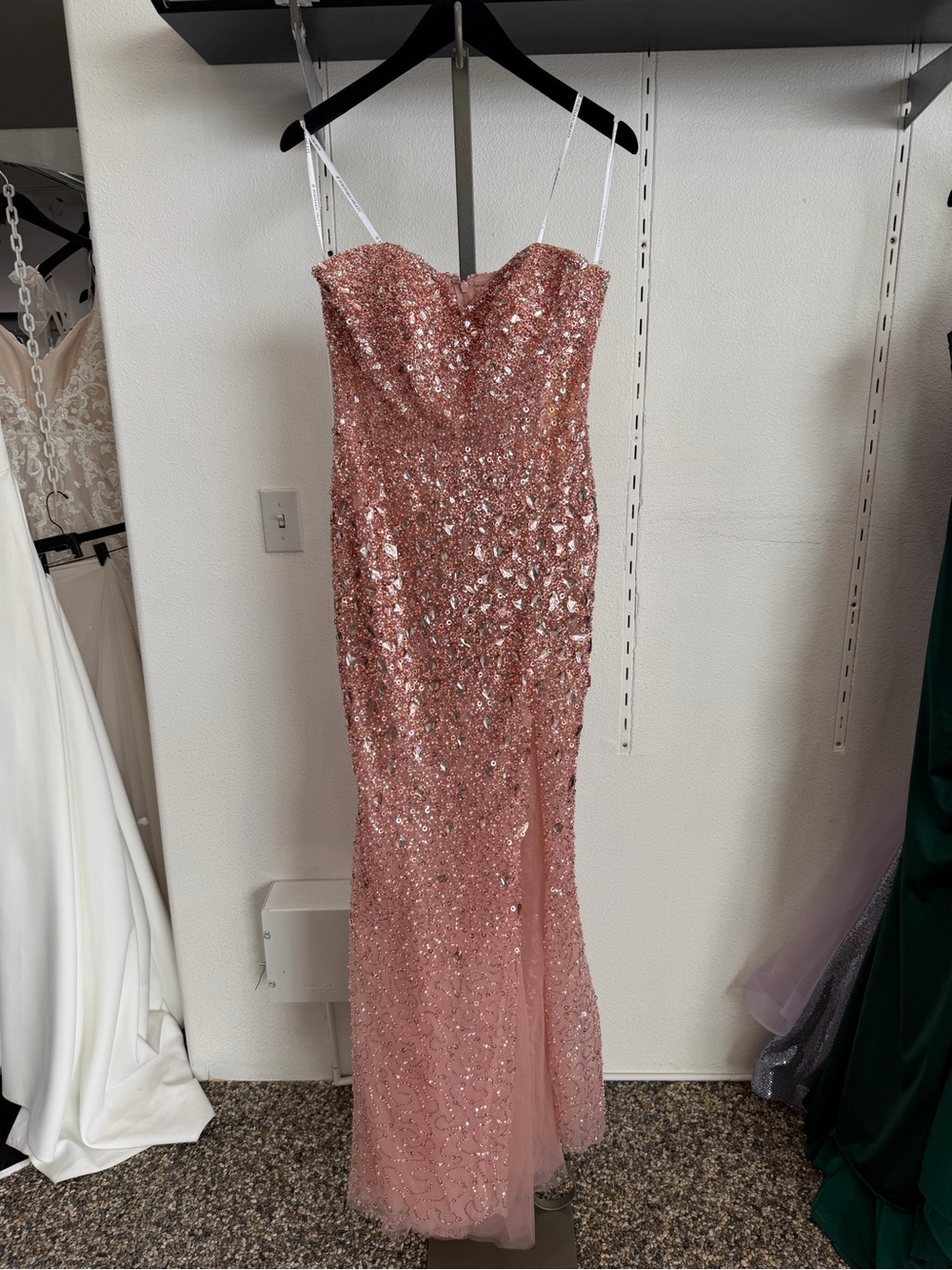 Allure Bridals Rose Pink Sequin Spaghetti Strap Maxi Gown